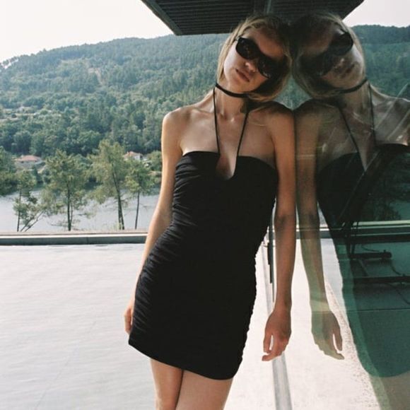 NEW ZARA DRAPED MINI DRESS BLACK PLEATED SMOCKED WOMENS SIZE S STRAPPY - Picture 1 of 9